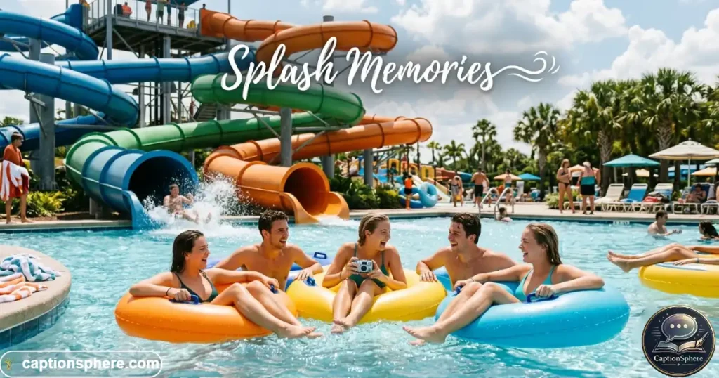 Multiple water park moments shown through a fun summer scene