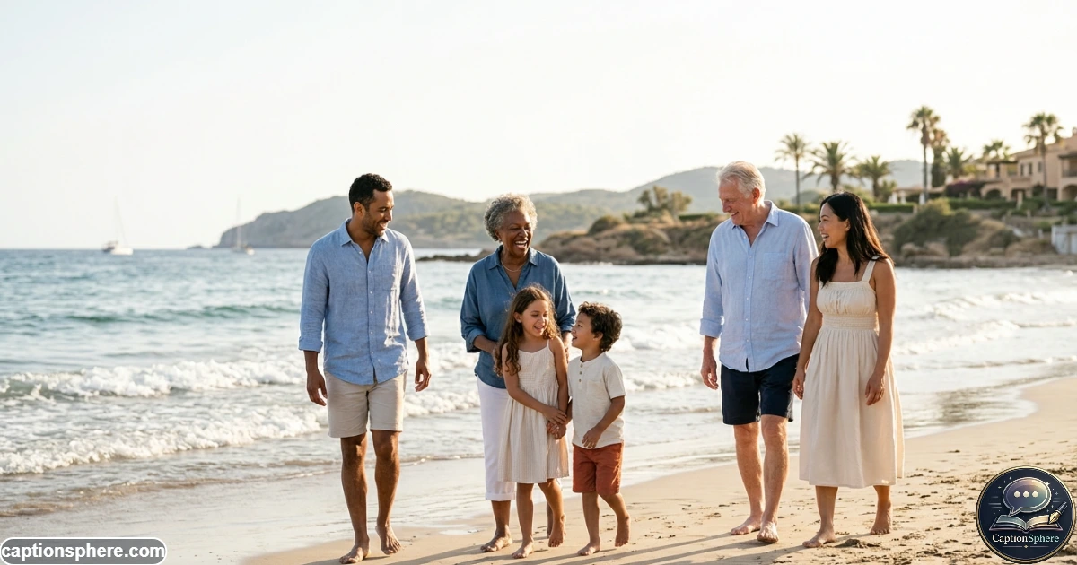 Happy family posing together beside the ocean during a sunny vacation