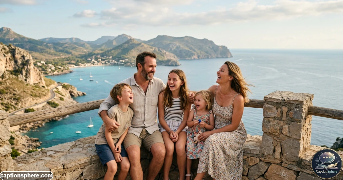 Family laughing together outdoors during a relaxed vacation afternoon