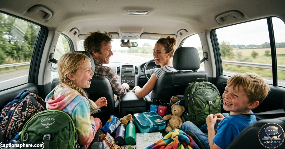 Family laughing inside a car during a playful road trip vacation