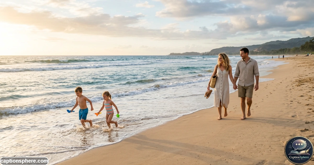 Family enjoying a sunny beach day together beside the ocean