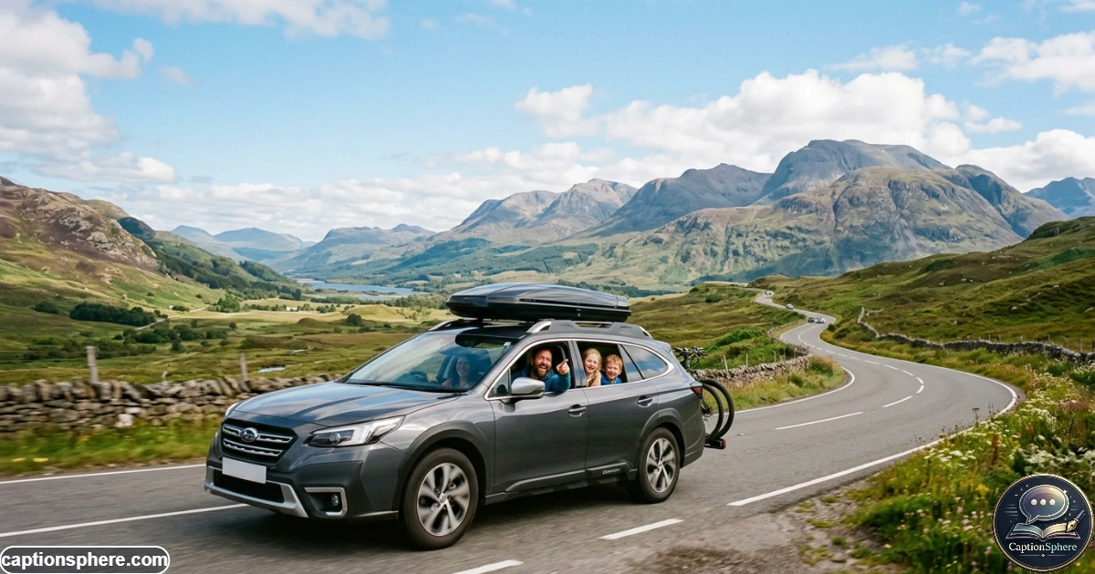 Family traveling together on a scenic road trip through open countryside