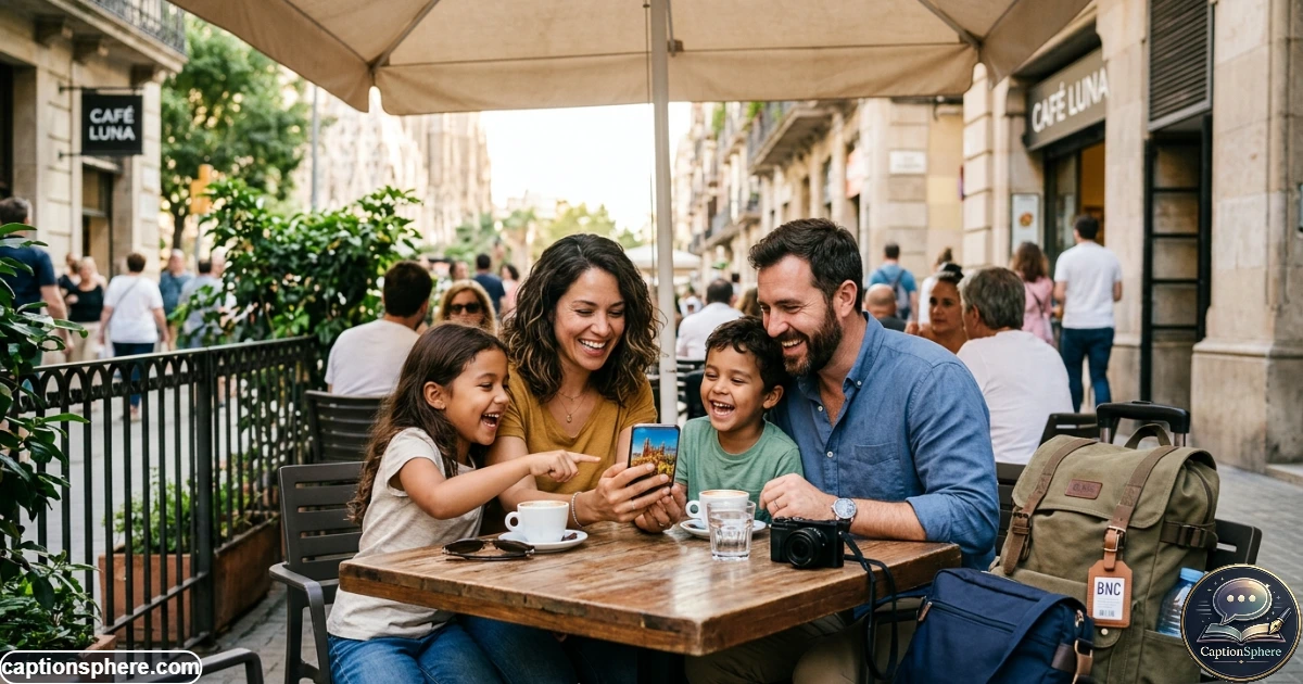 Family reviewing vacation photos together on a smartphone outdoors