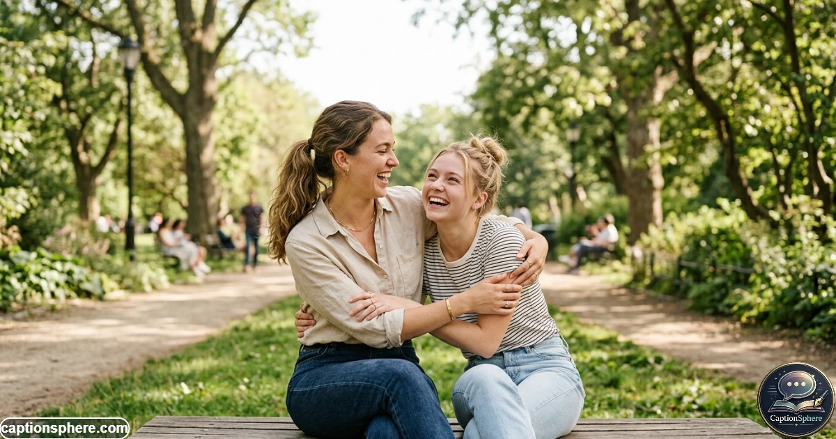 Two sisters smiling together during a sweet outdoor photo moment