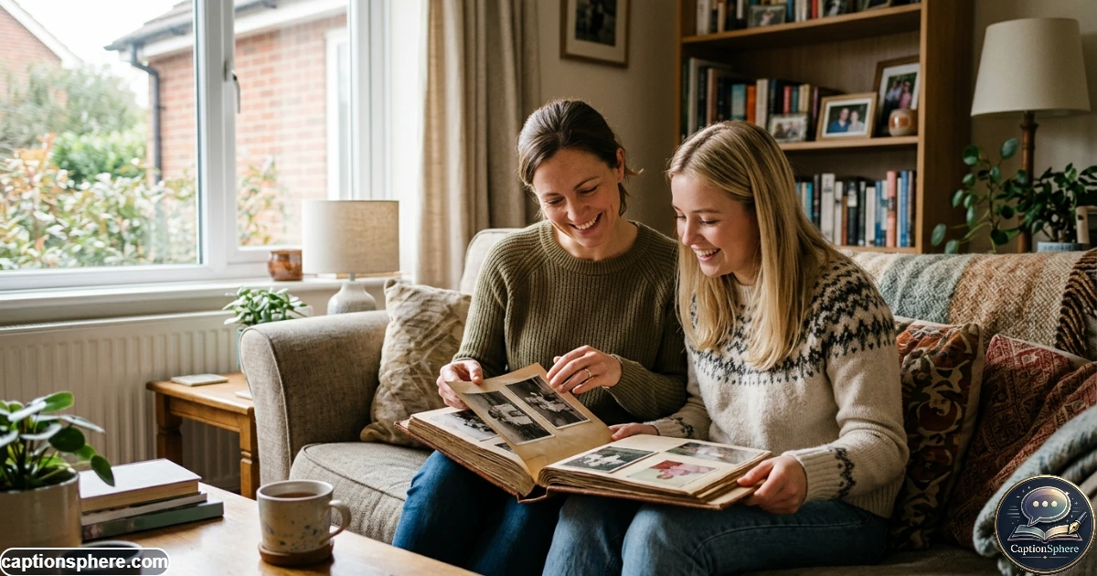 Sisters looking through an old childhood photo album together at home