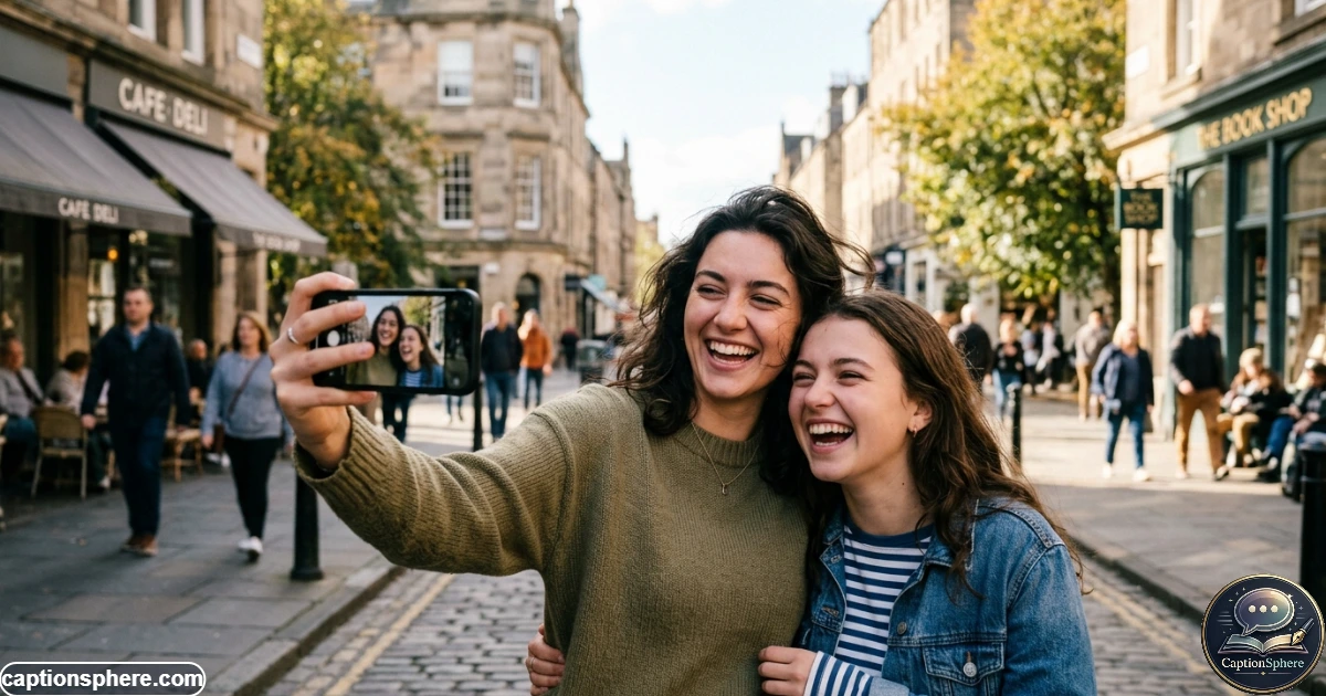Two sisters taking a cheerful selfie together during a casual outing