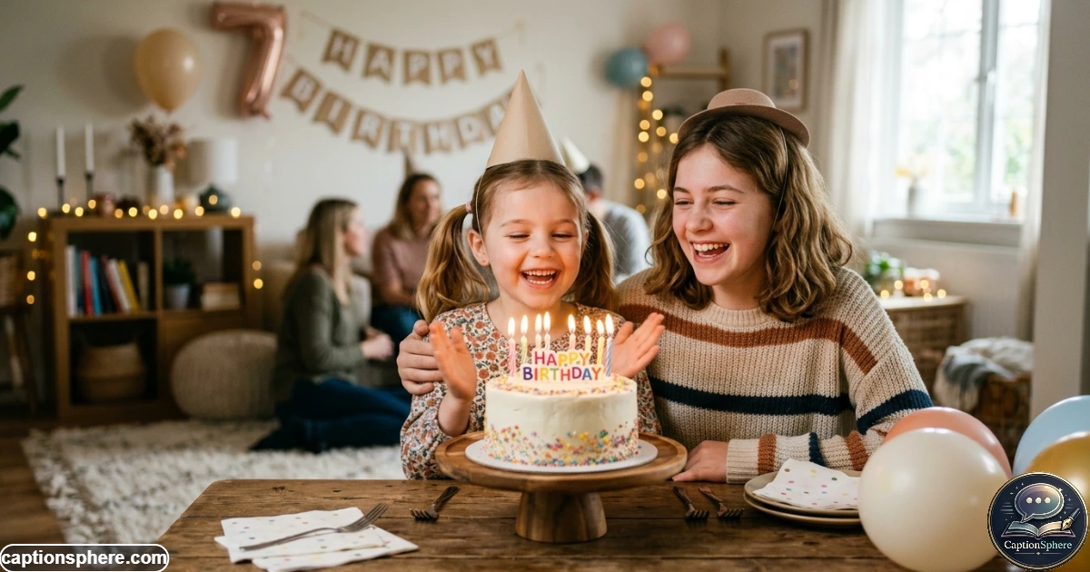 Younger sister celebrating her birthday with an older sibling beside a cake