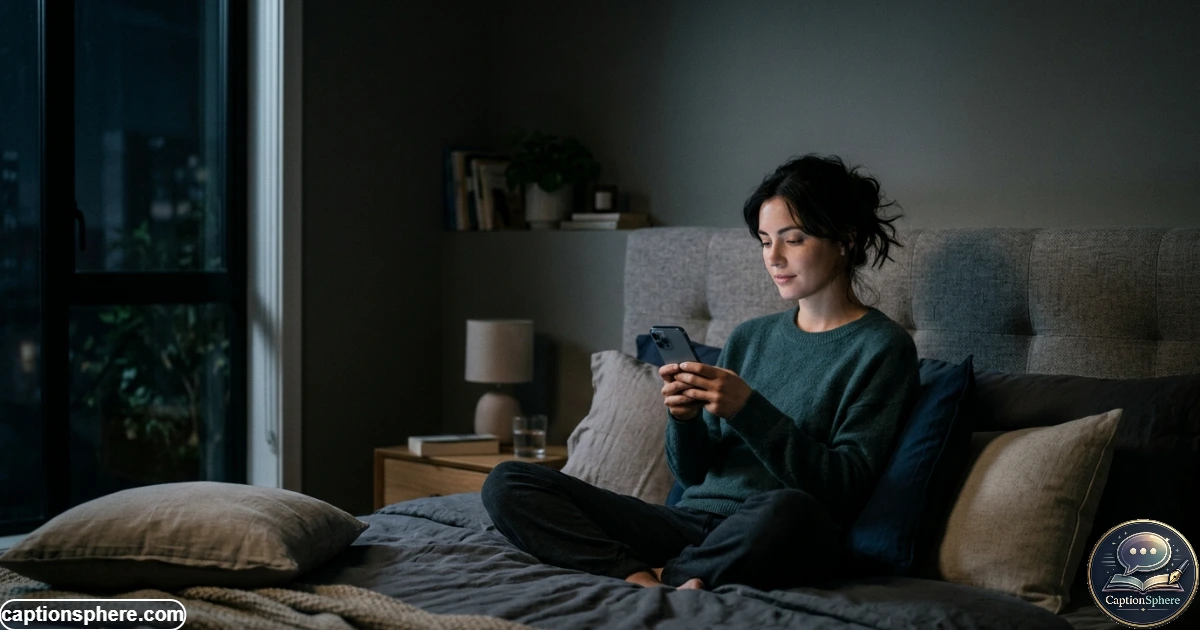 Person looking thoughtfully at phone while sitting alone in a softly lit room