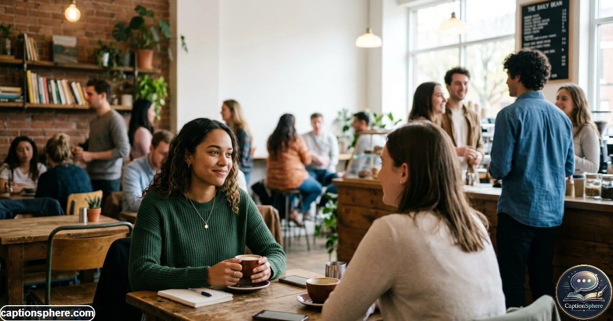 Young person smiling quietly after noticing their crush across a casual social setting