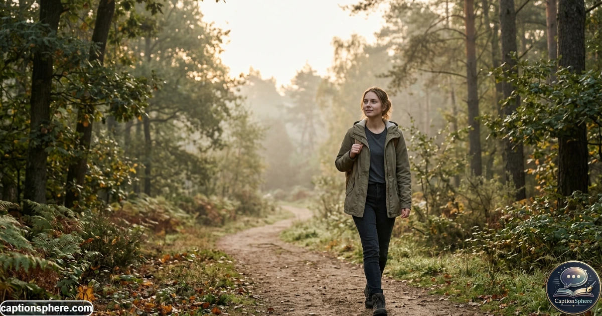 Person walking alone outdoors at sunrise with a calm expression after letting go