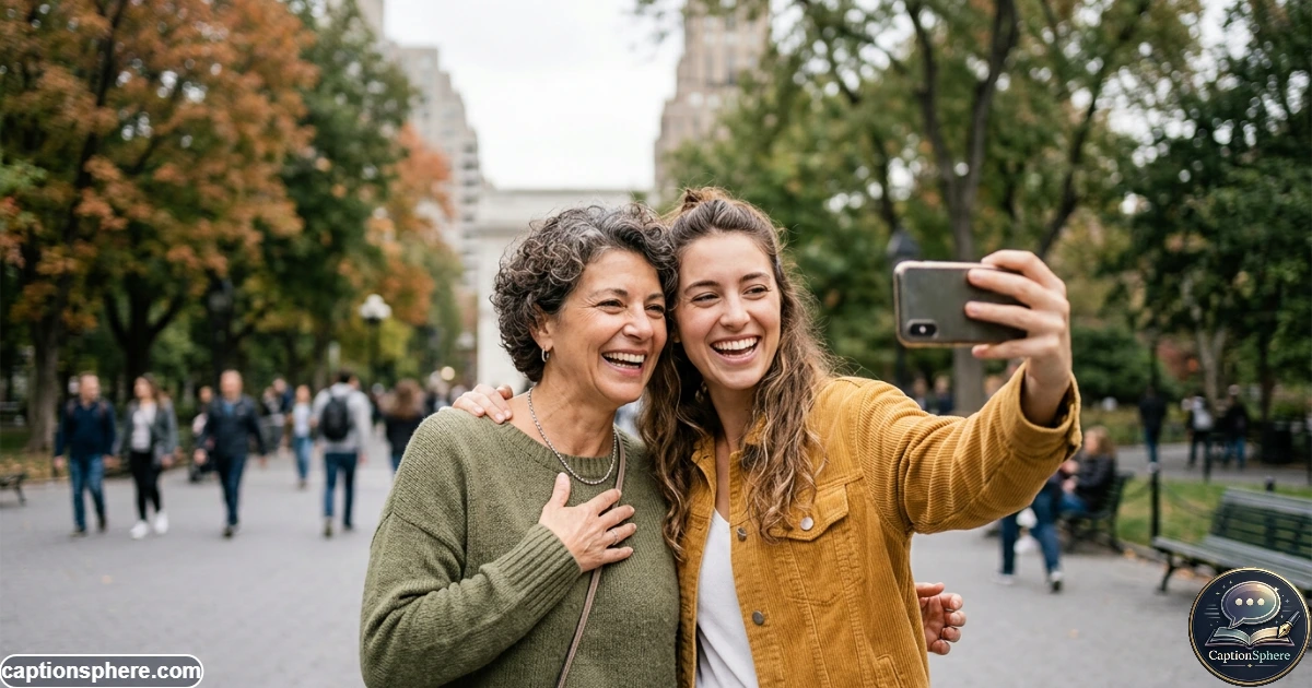 Mother and adult child taking a cheerful selfie together outdoors