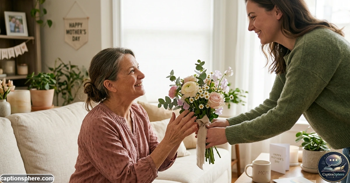 Mother receiving flowers during a warm family Mother's Day celebration