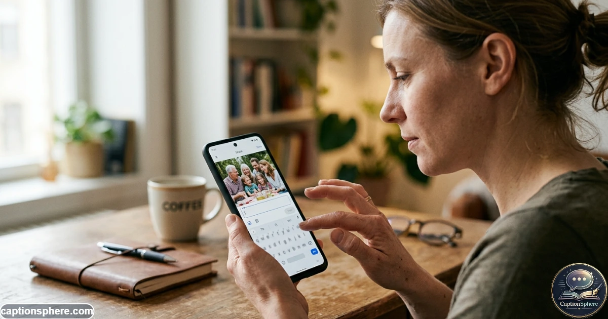 Person choosing a meaningful caption while viewing a family photo on smartphone