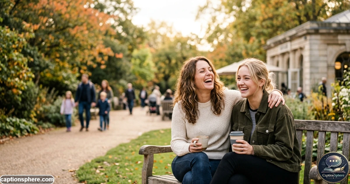 Two sisters smiling together outdoors during a warm candid family moment