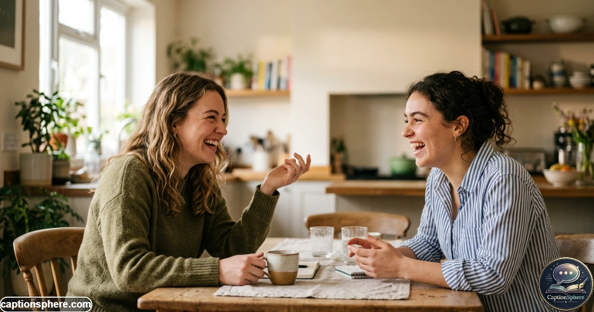 Two sisters laughing together during a playful candid conversation