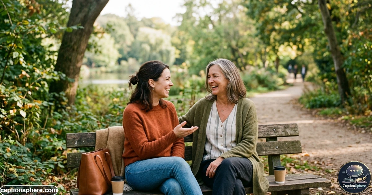 Older and younger sisters smiling together during a relaxed outdoor moment