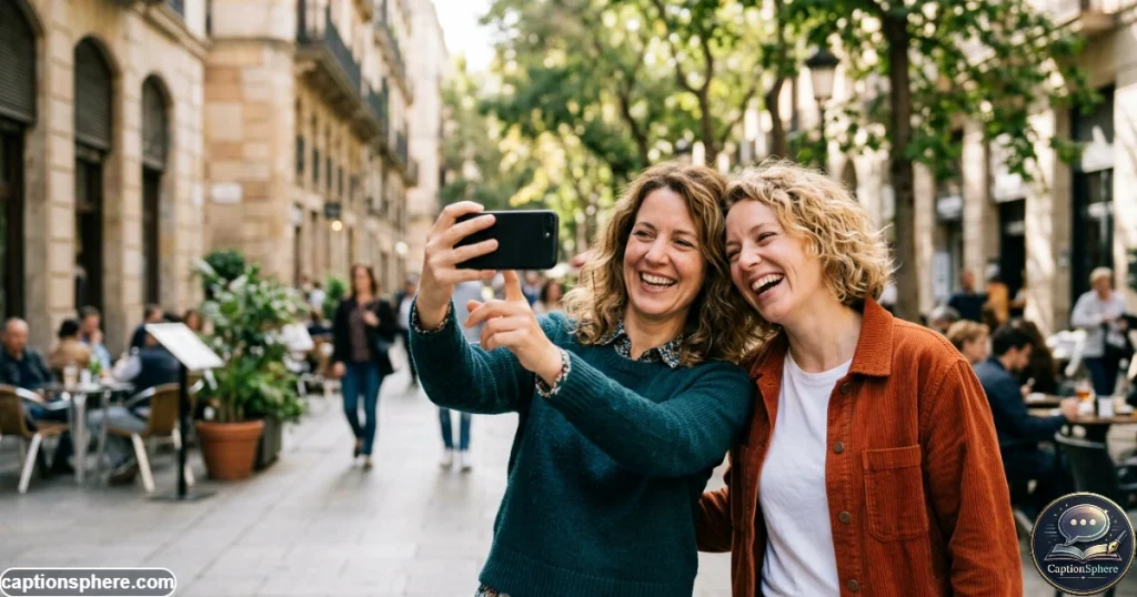 Two sisters taking a cheerful selfie together during a casual outing