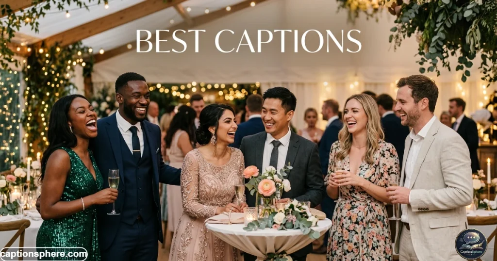 Wedding guests smiling together during an elegant outdoor celebration