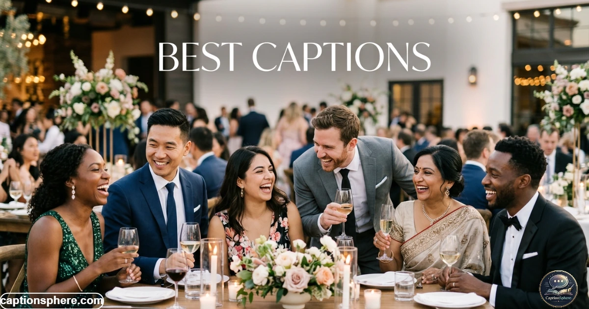 Wedding guests smiling together during an elegant outdoor celebration