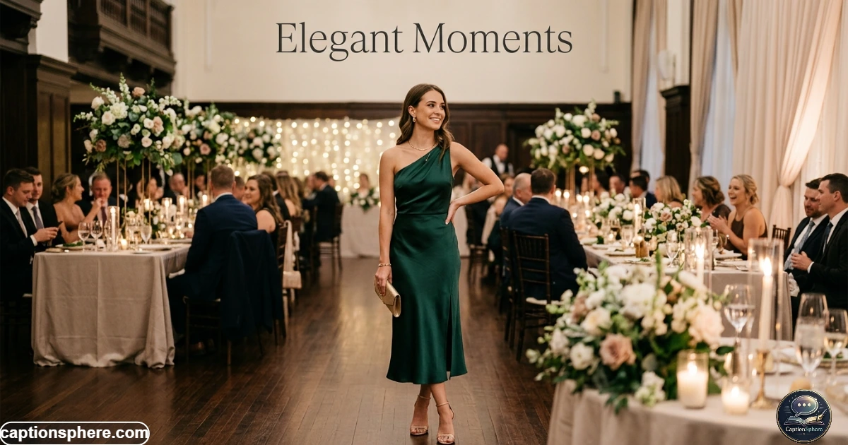 Well-dressed wedding guest posing at an elegant evening reception