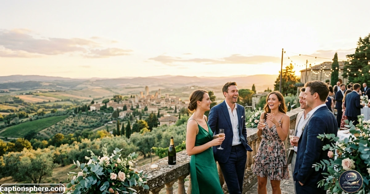Wedding guests celebrating beside a scenic destination wedding venue