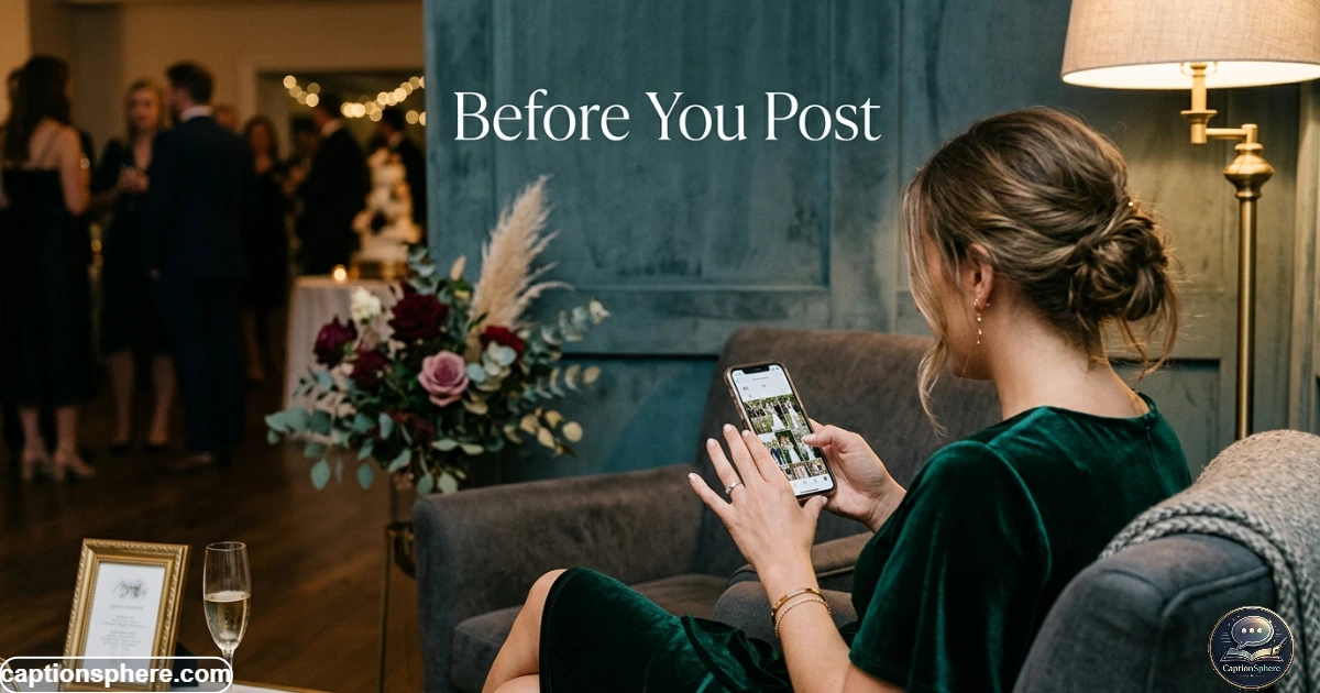Wedding guest reviewing photos on a smartphone before posting