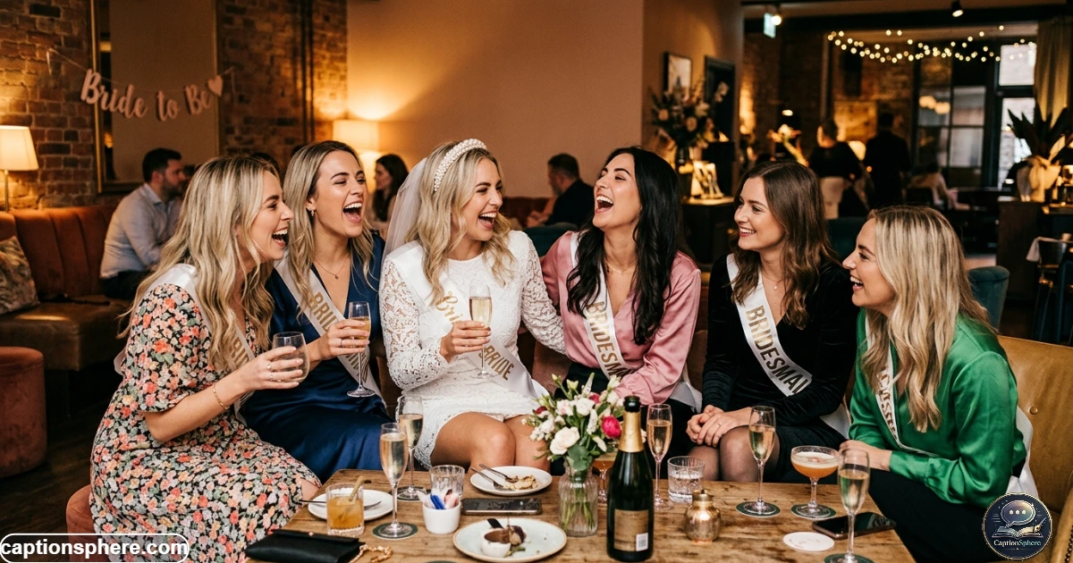 Bride and bridesmaids laughing together during a playful bachelorette celebration