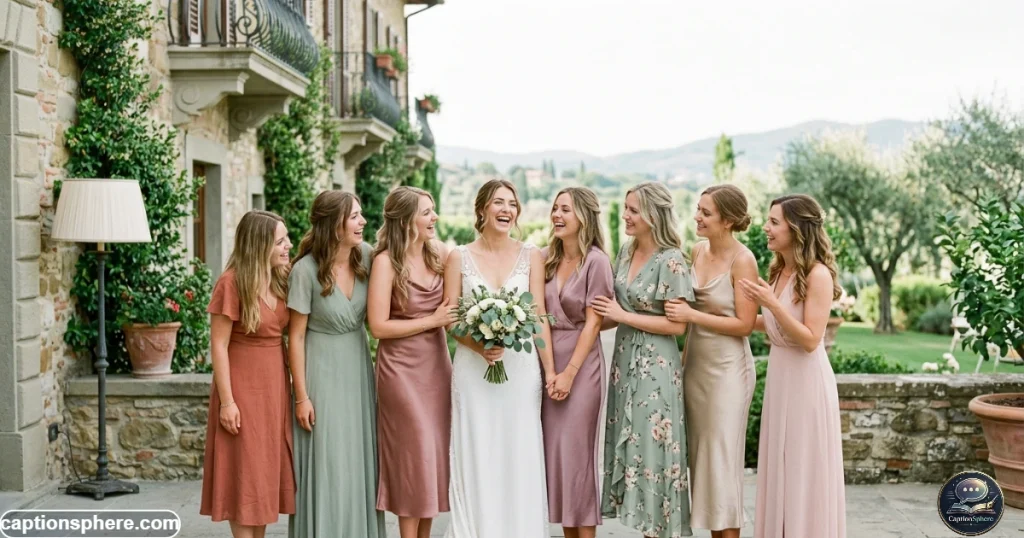 Smiling bride-to-be posing with her closest friends during a bachelorette weekend
