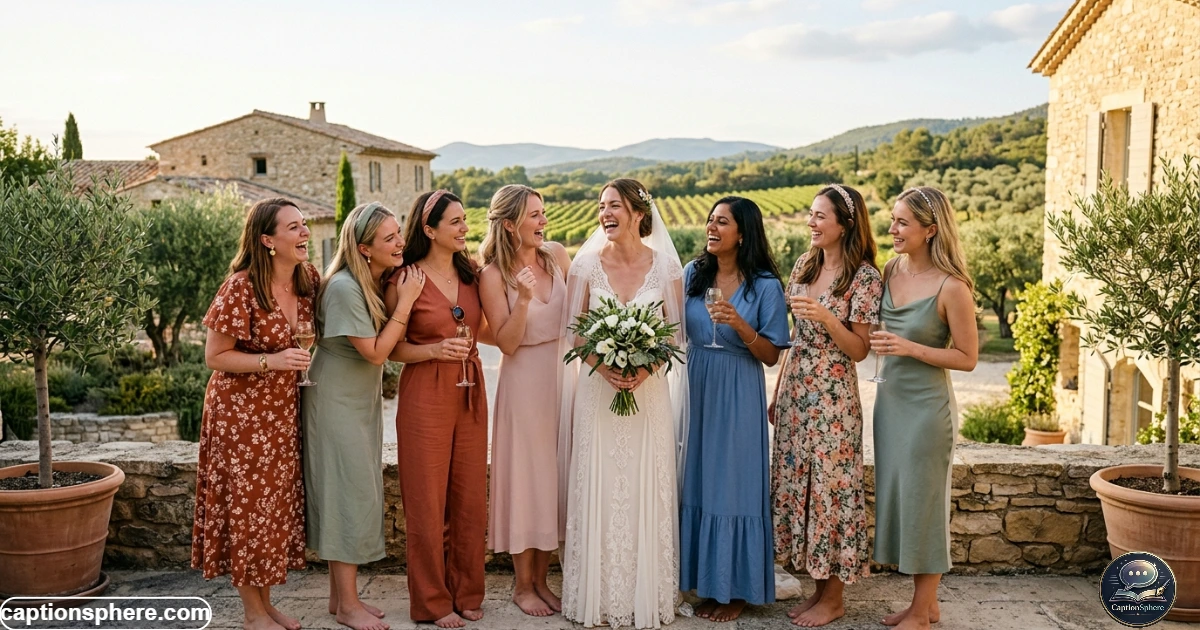 Bride and bridesmaids posing together for a joyful bachelorette group photo