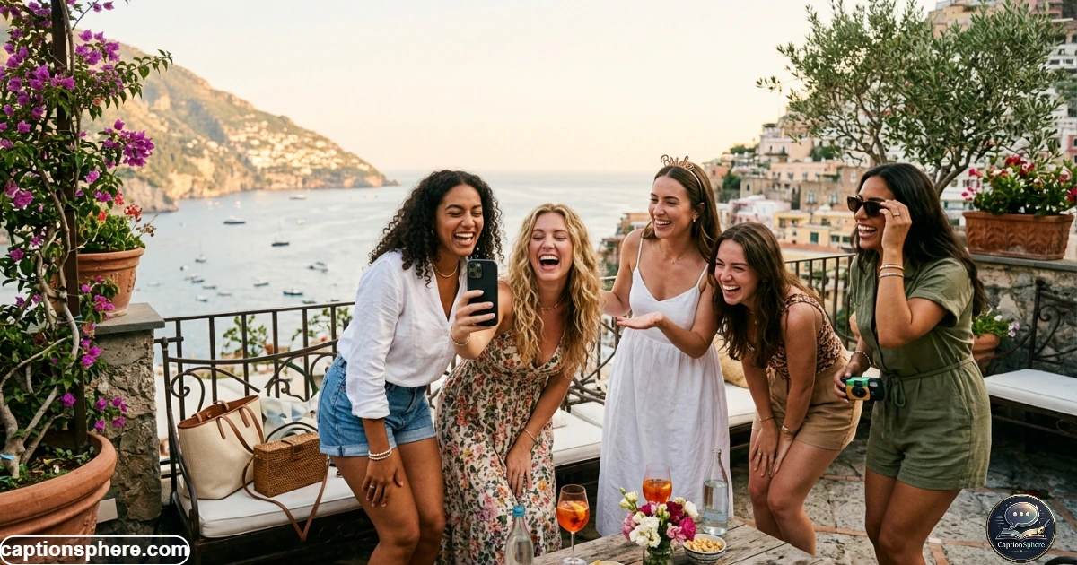 Friends capturing candid moments during a fun bachelorette weekend celebration