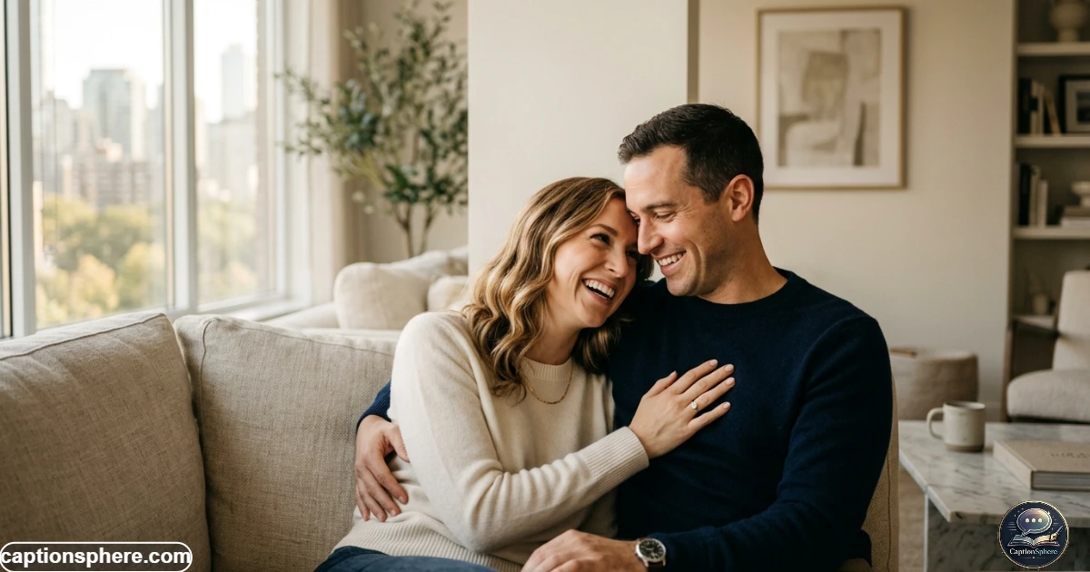 Engaged couple showing a ring during a stylish engagement photo session