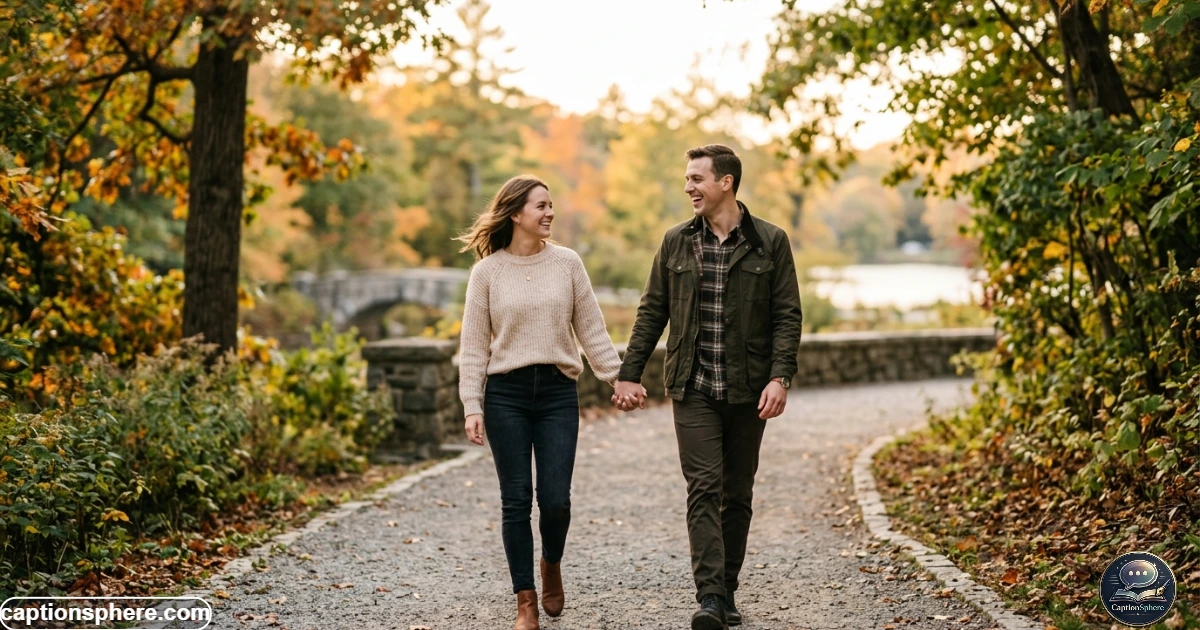 Happy newly engaged couple smiling together during a natural outdoor portrait