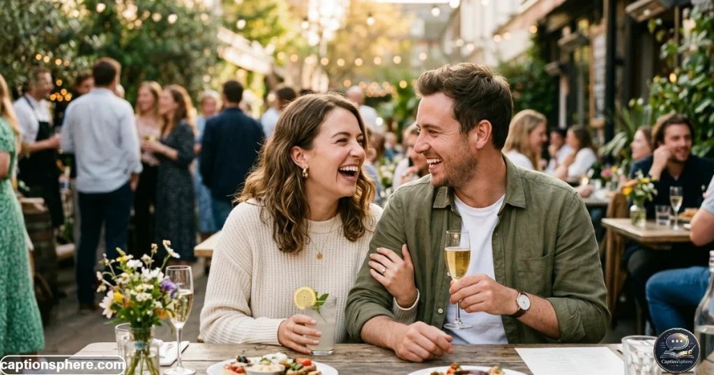 Engaged couple laughing together while celebrating their recent engagement