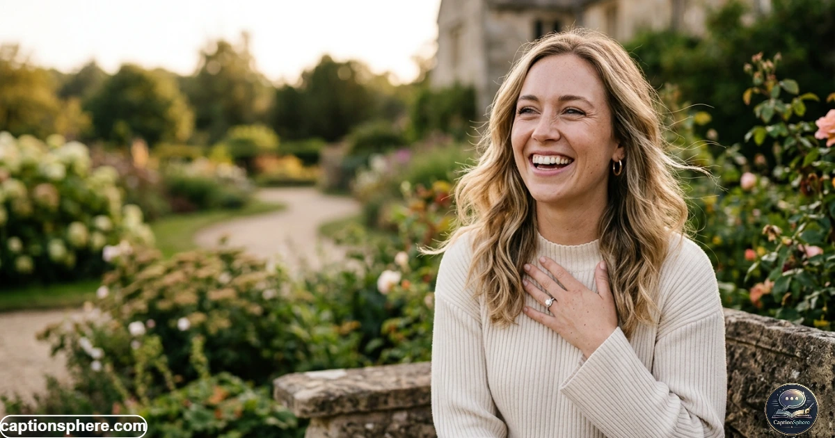 Happy newly engaged woman showing her ring during a stylish outdoor portrait