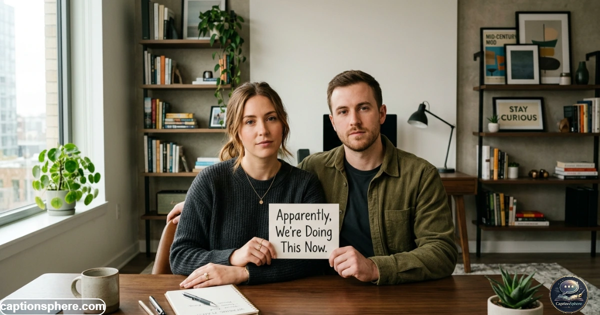 Engaged couple making a playful understated announcement with dry humorous expressions