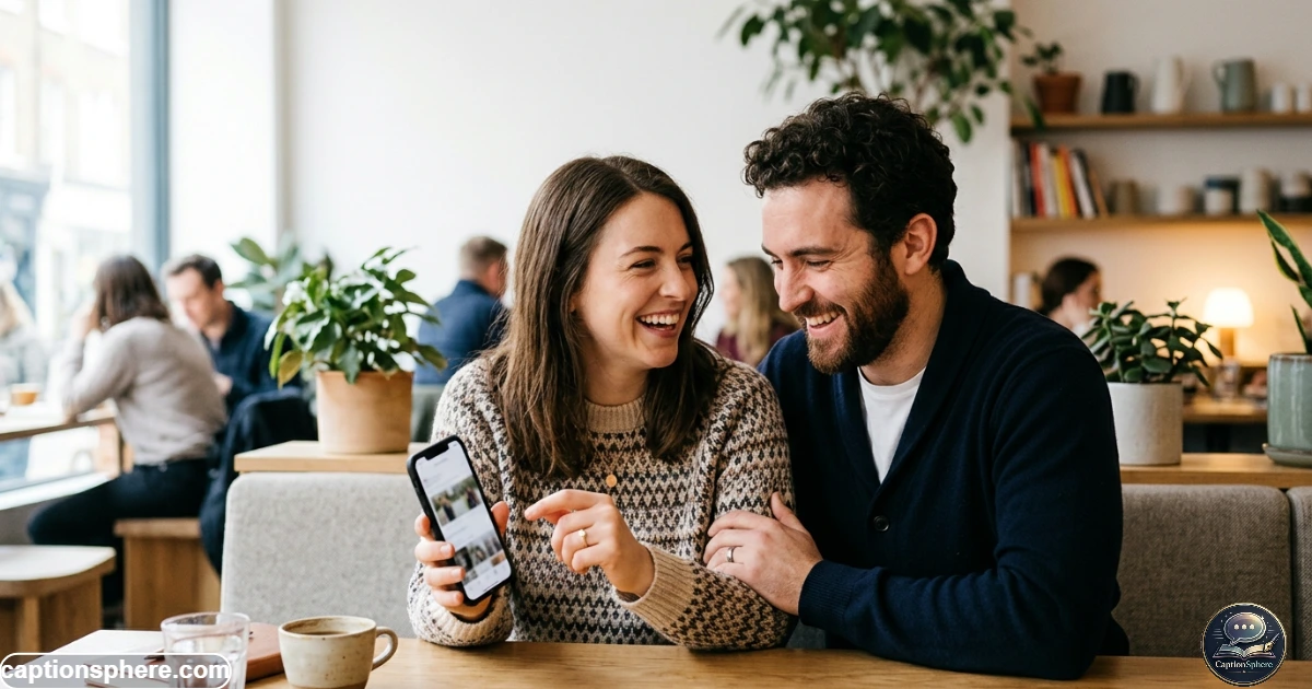 Engaged couple choosing a personal caption while preparing an engagement photo post