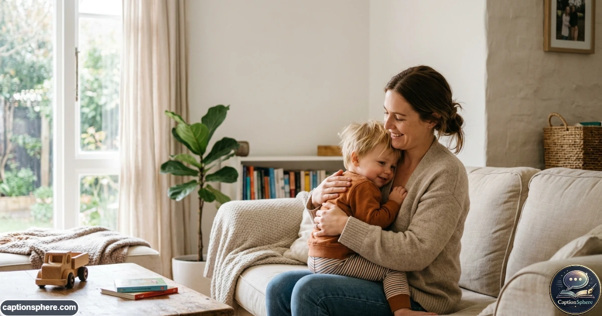Mother holding her child at home during a warm, candid motherhood moment