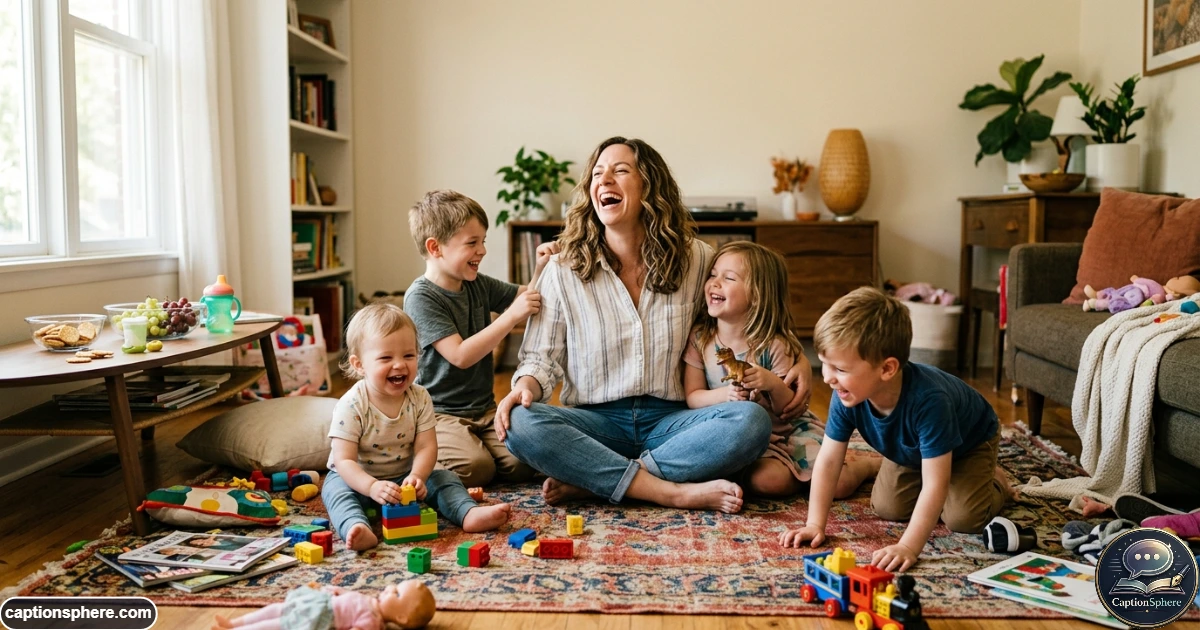 Mother laughing with children during a playful and slightly chaotic home moment