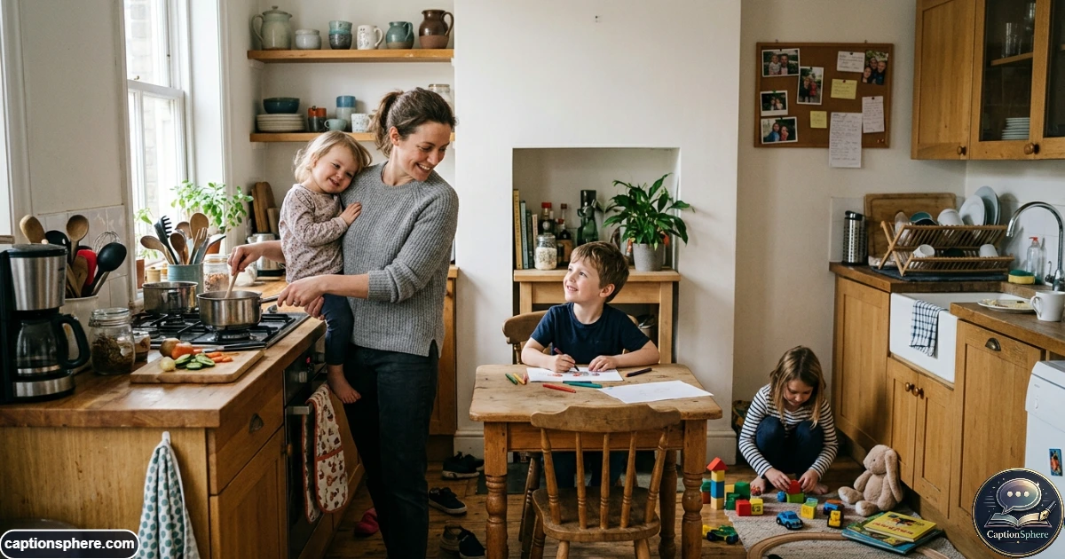 Mother caring for children in a lived-in home during an authentic everyday moment