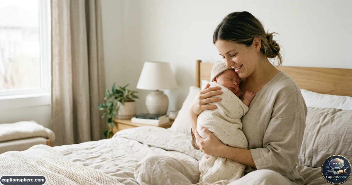 New mother gently holding her newborn baby during a peaceful intimate moment