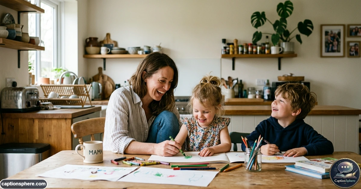 Mother sharing an ordinary candid moment with children during everyday family life
