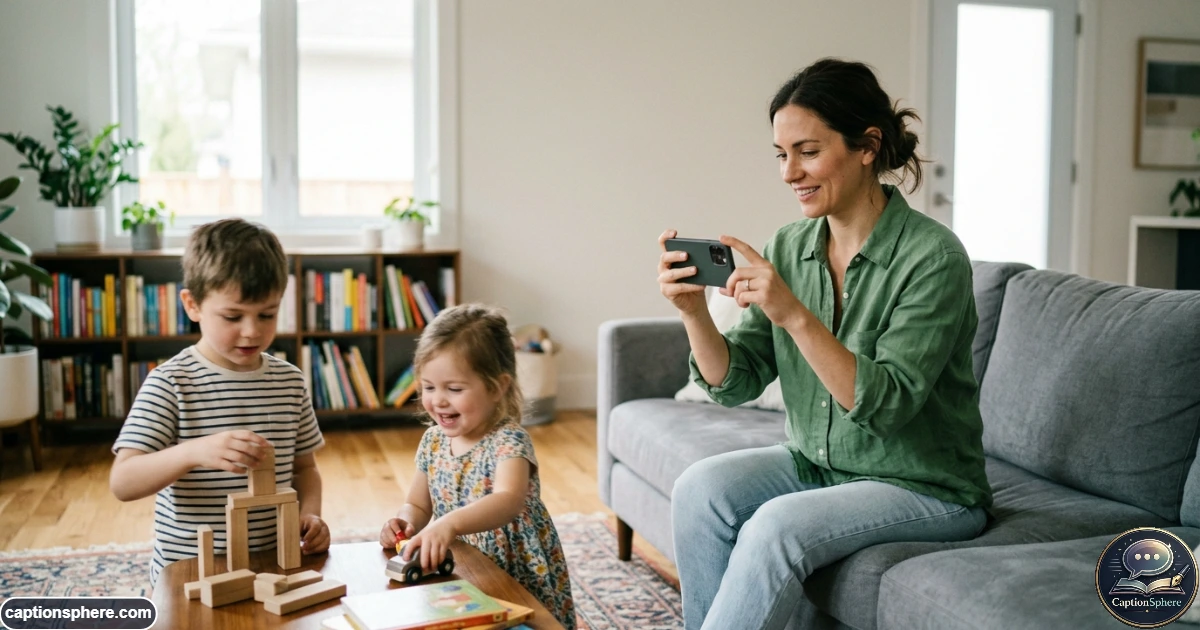 Mother recording a candid family moment on her smartphone while children play nearby