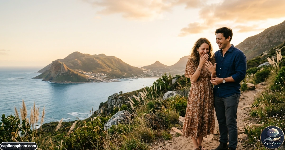Couple celebrating a romantic marriage proposal with an engagement ring outdoors