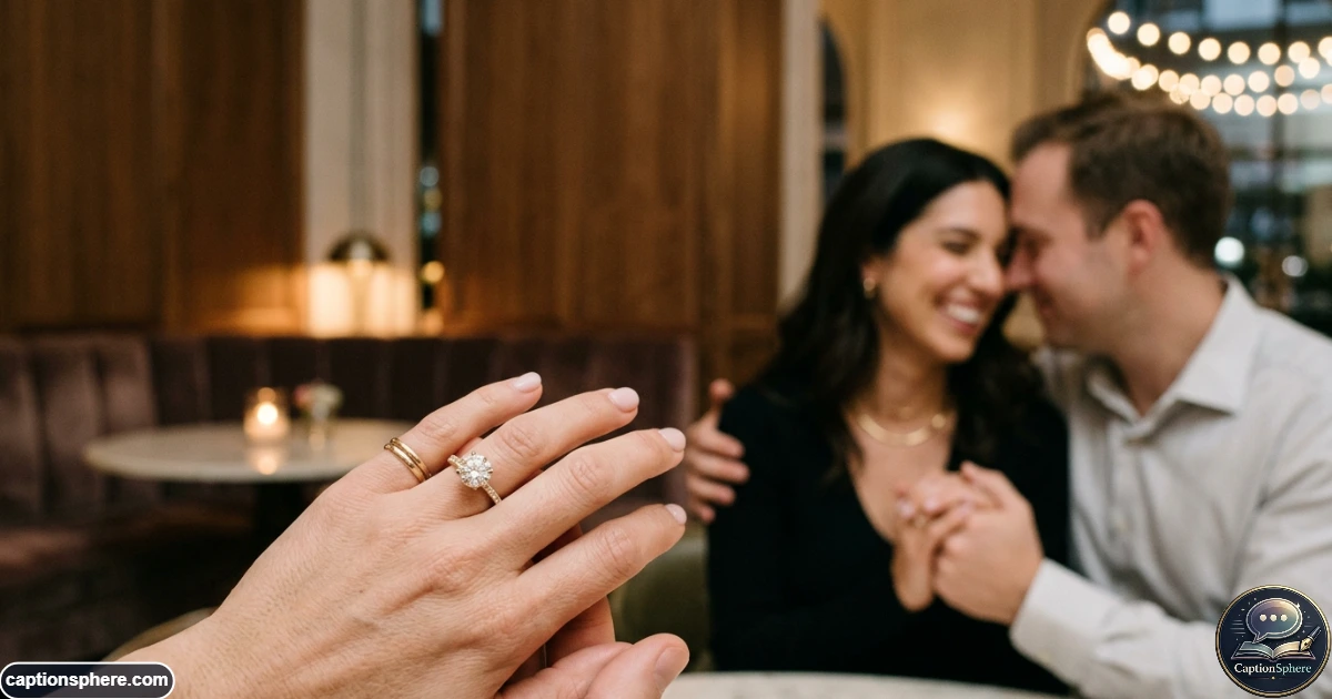 Close-up of an engagement ring on a hand during a romantic proposal celebration