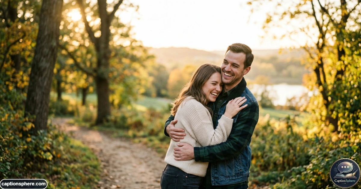 Couple embracing after a romantic marriage proposal during golden hour