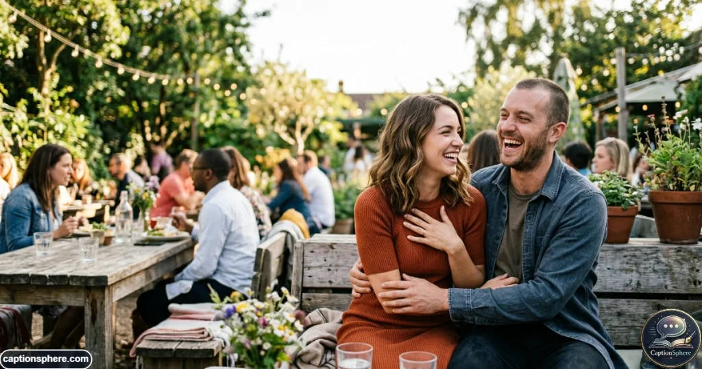 Newly engaged couple laughing together after a playful marriage proposal
