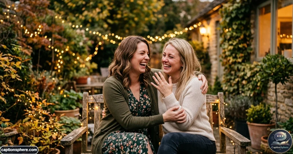 Happy partner showing engagement ring while celebrating a successful proposal
