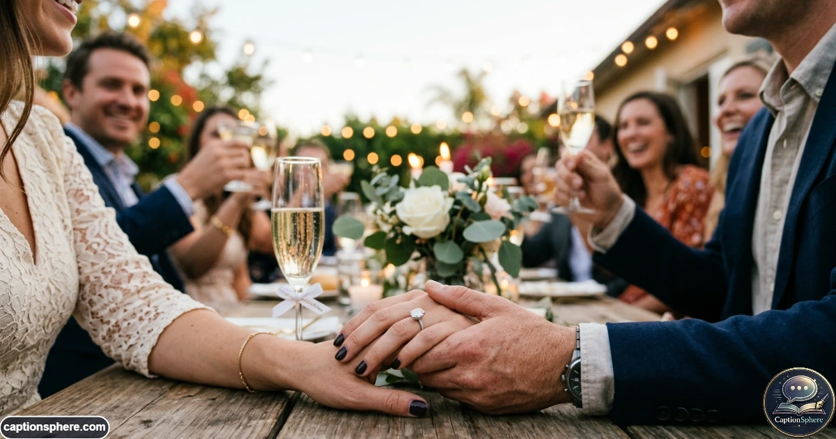 Elegant engagement ring reveal with couple celebrating their new engagement
