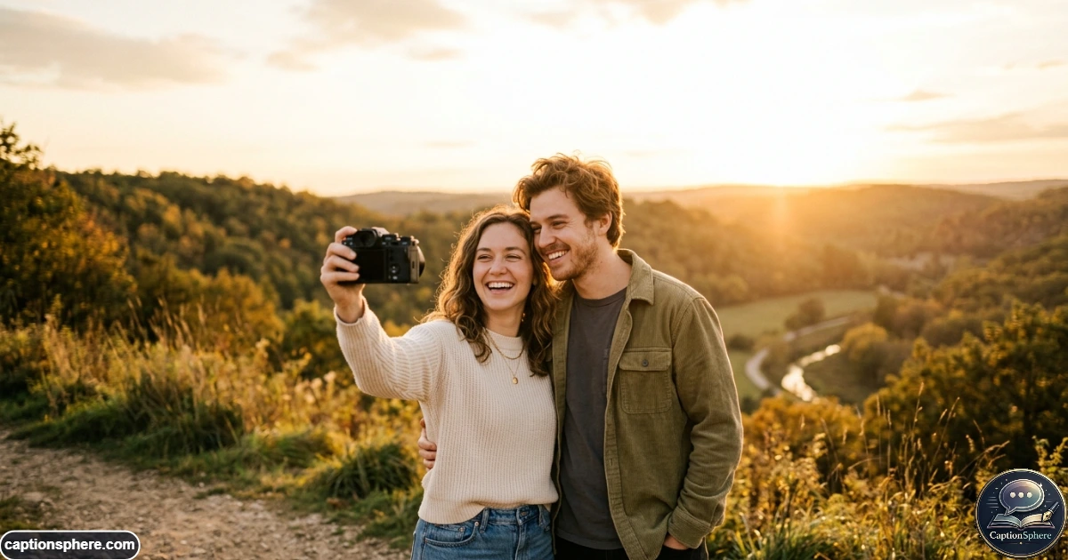 Happy couple taking a natural photo together outdoors during golden hour
