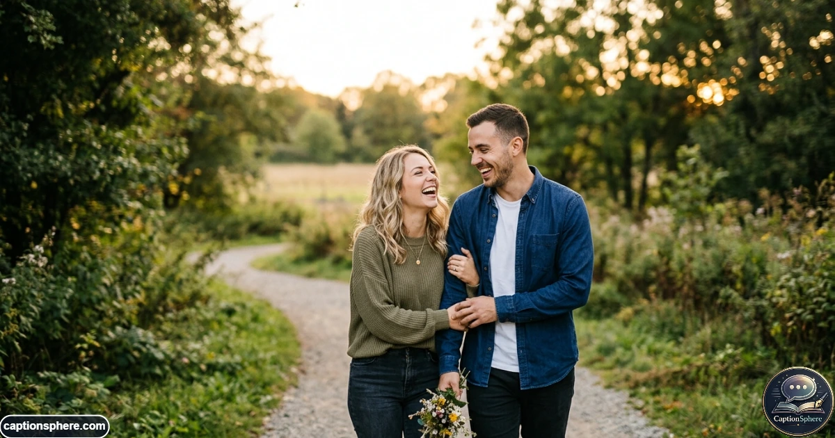 Couple laughing together during a relaxed outdoor portrait session